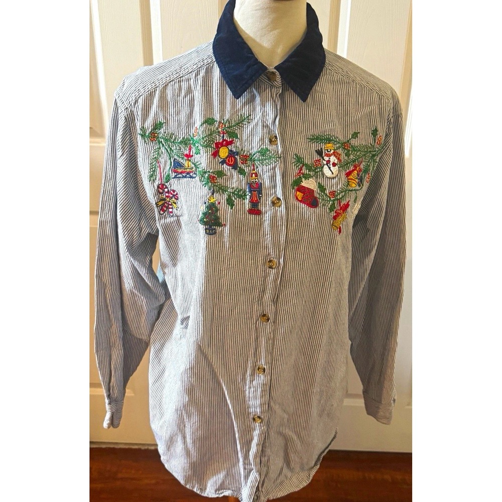 Christmas Shirt Womens XL Blue Stripe Embroidered Velour Collar Button Down